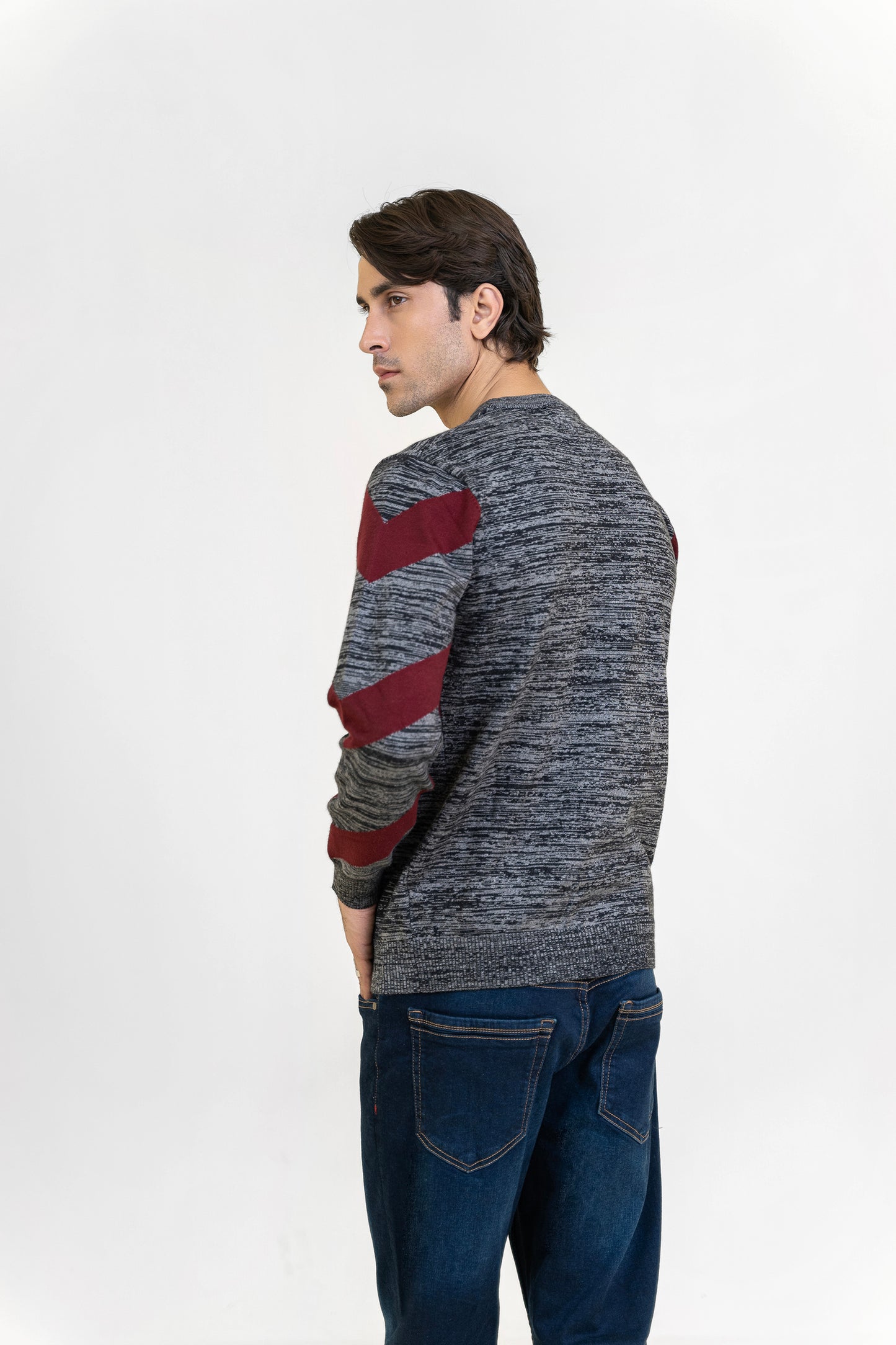 Gray and Maroon Round Neck Sweater