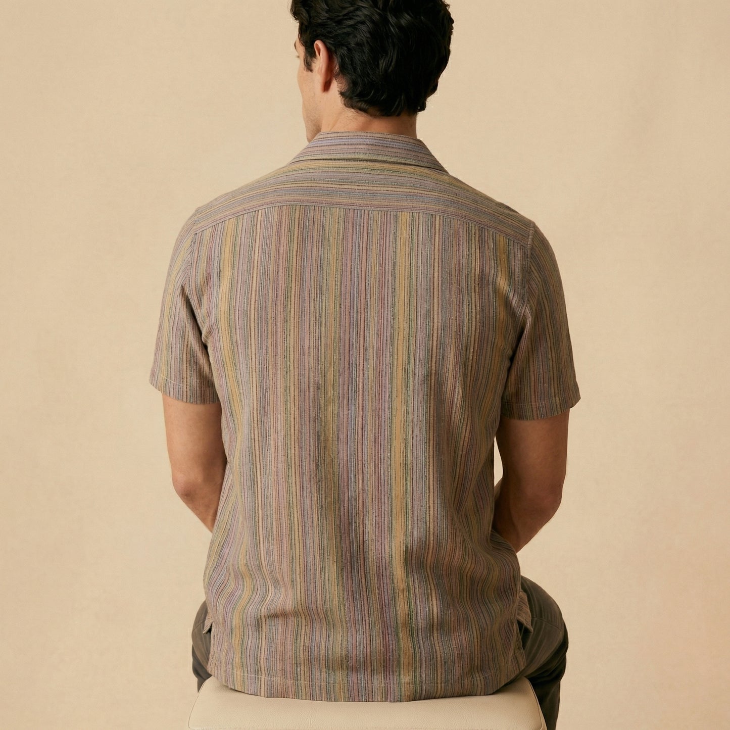 Khaki Cuban Collar Shirt - Yarn Dyed Hand Made Fabric