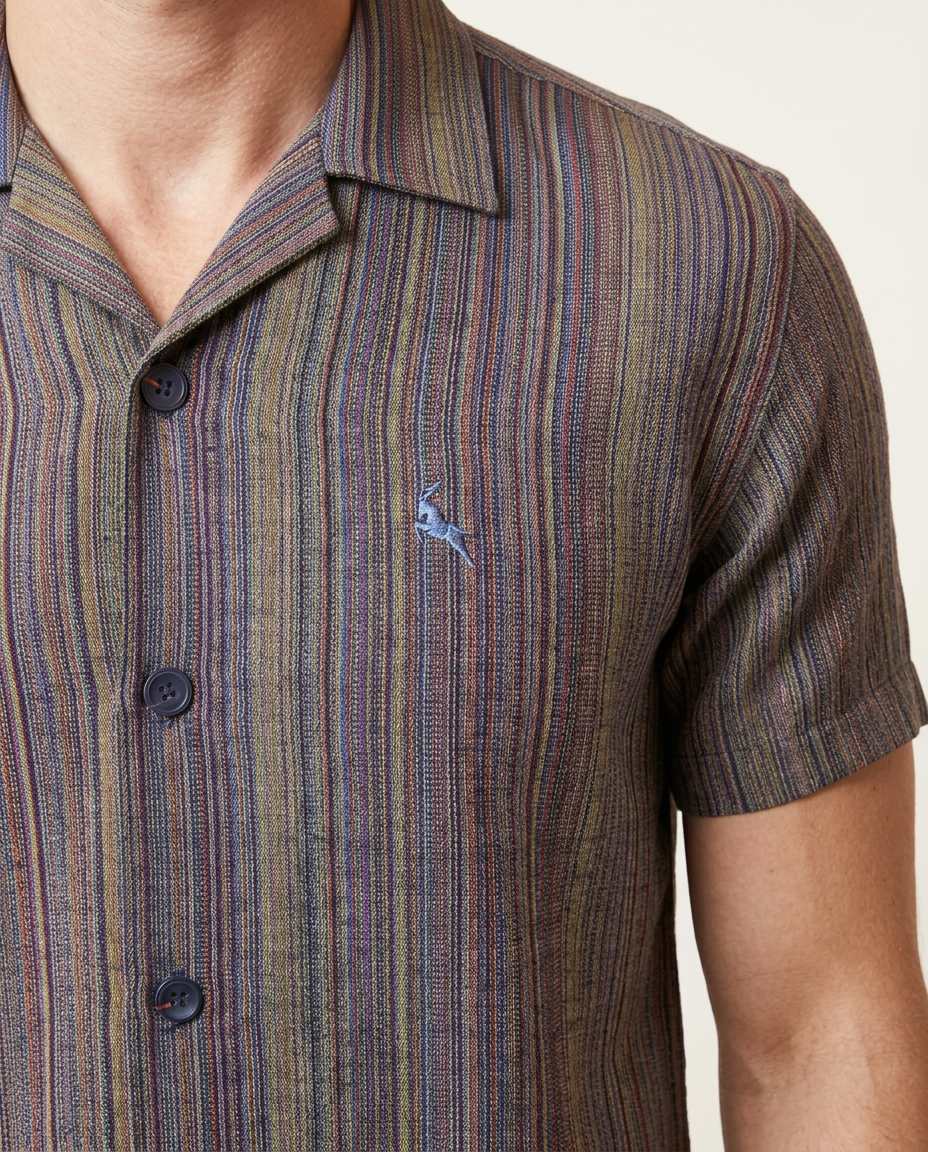 Navy - Purple Cuban Collar Shirt - Yarn Dyed Hand Made Fabric