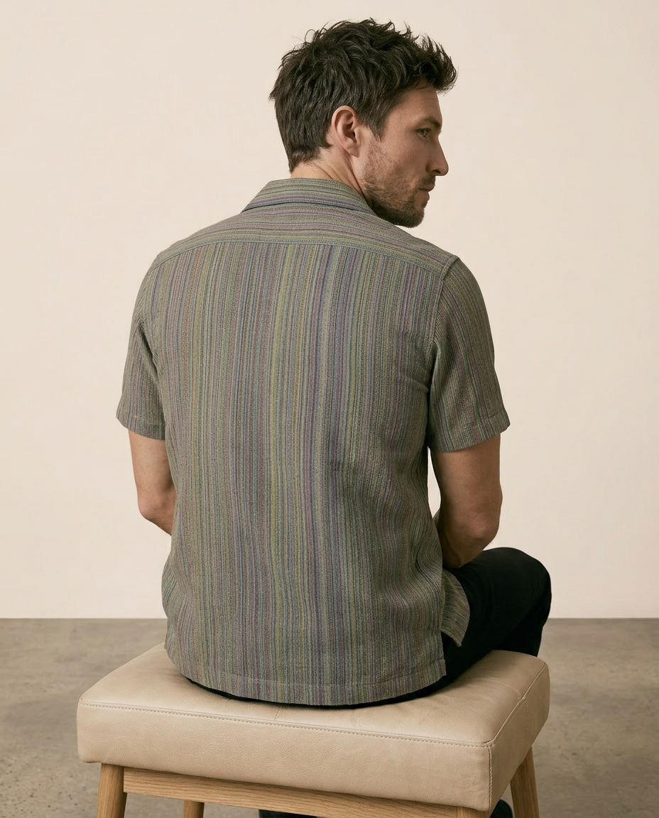 Green Cuban Collar Shirt - Yarn Dyed Hand Made Fabric