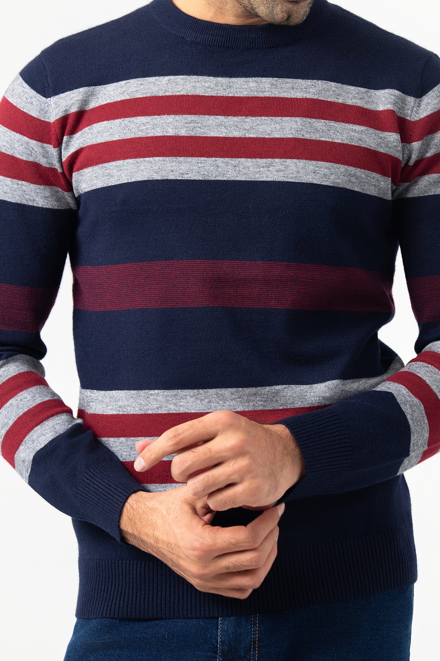 Navy, Maroon and Gray Round Neck Sweater
