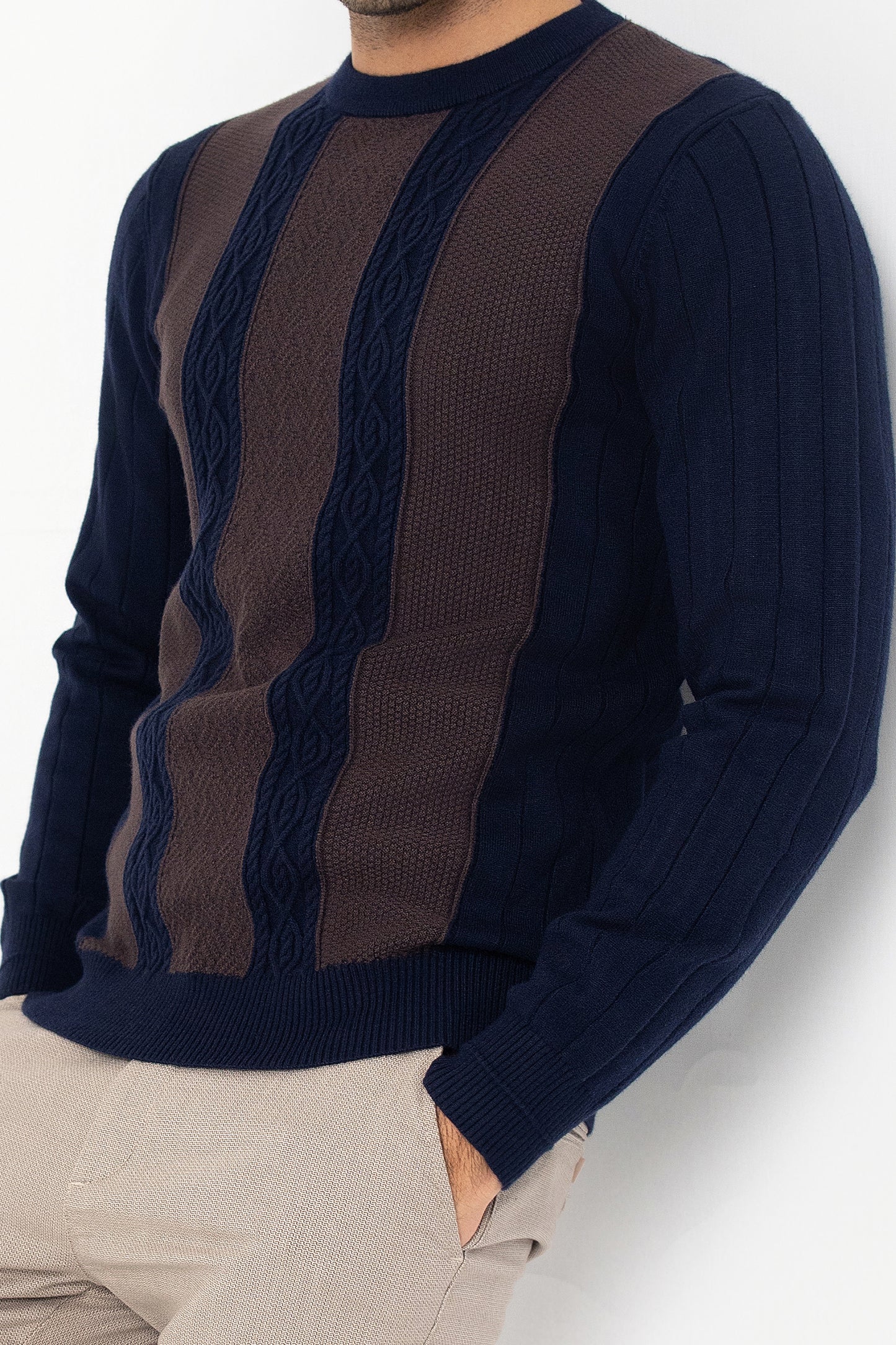 Navy and Brown Round Neck Sweater