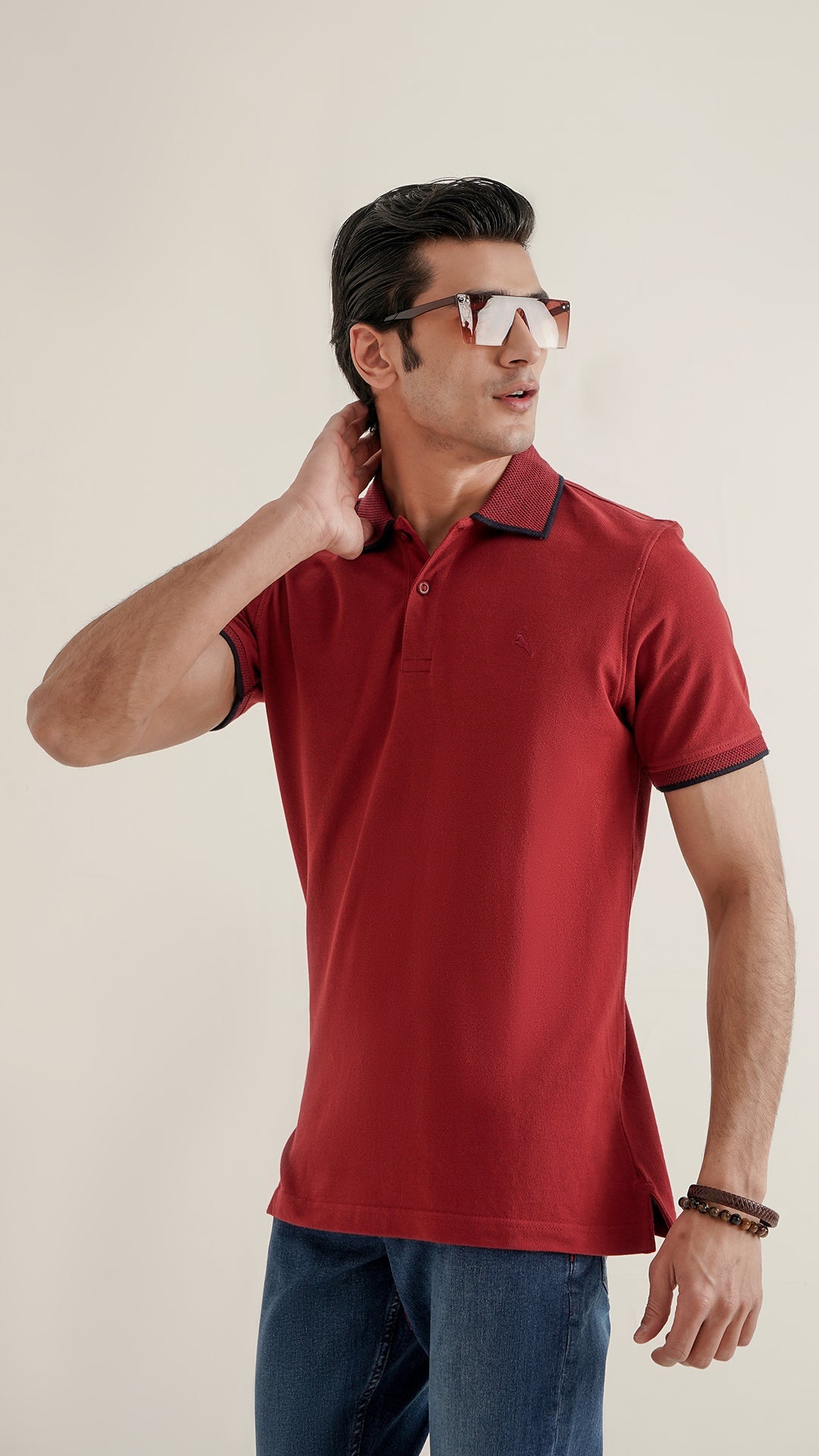 Markhor Dark Red Plain Pique Polo Jacquard Collar
