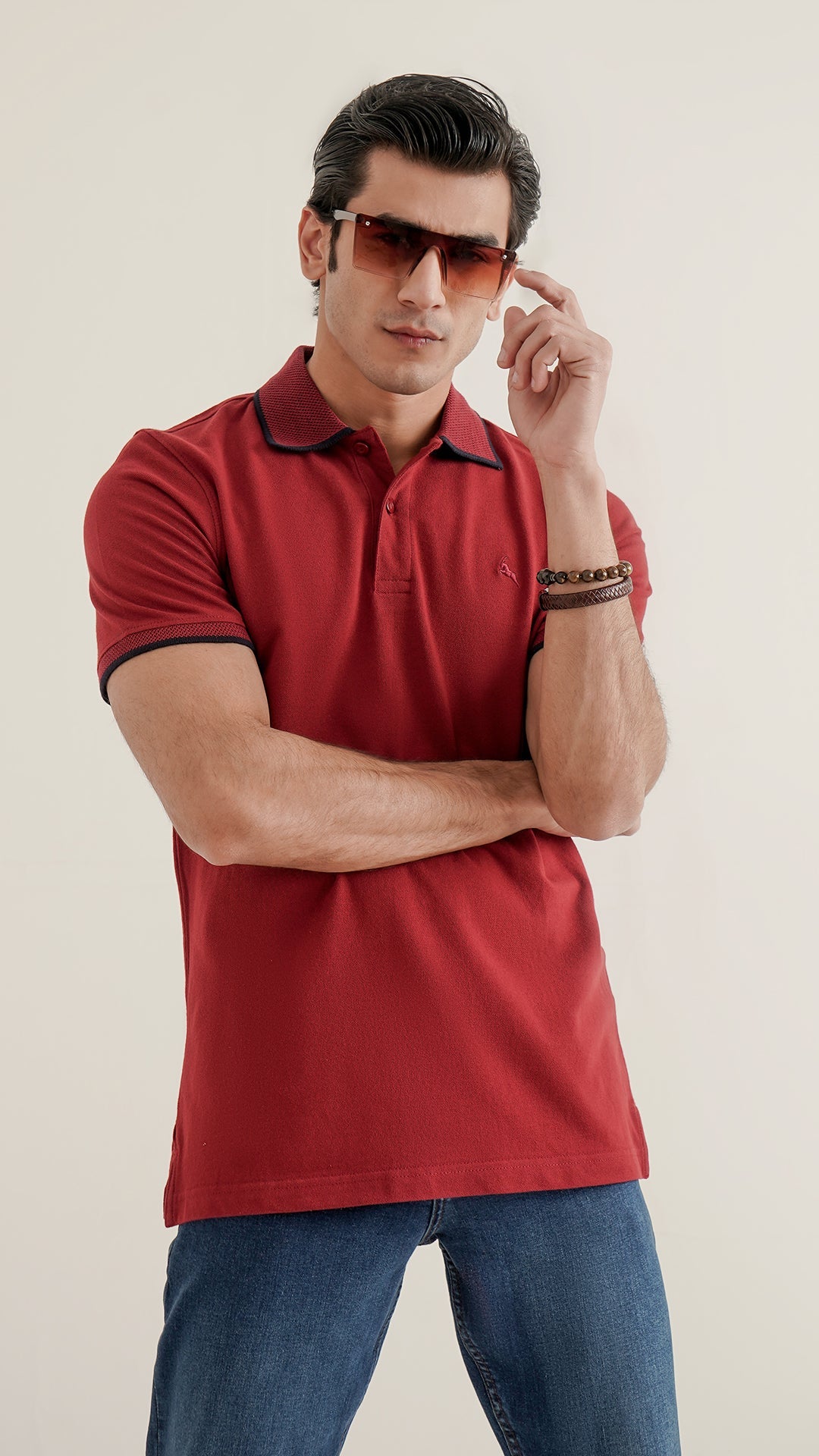 Markhor Dark Red Plain Pique Polo Jacquard Collar