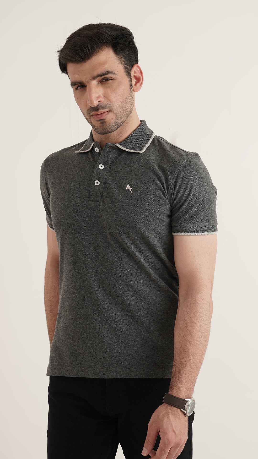 Markhor Charcoal Gray Plain Pique Polo Jacquard Collar