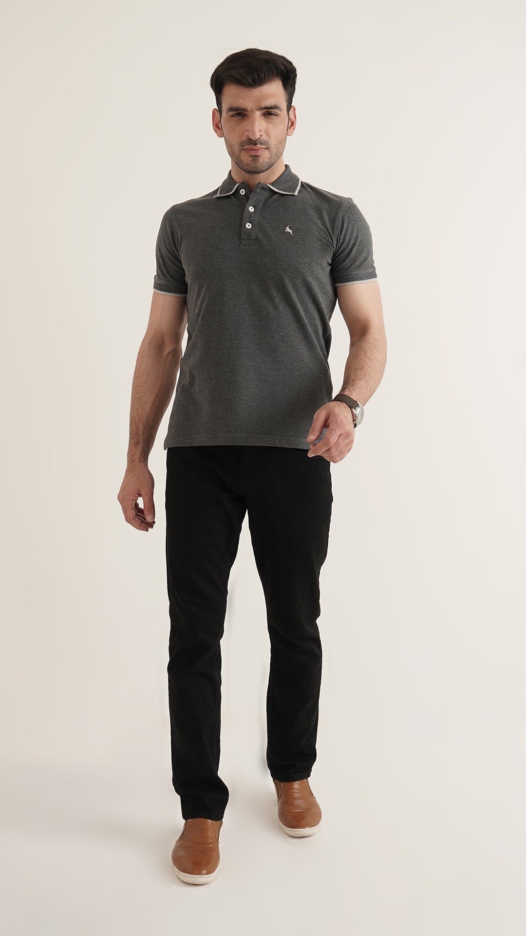 Markhor Charcoal Gray Plain Pique Polo Jacquard Collar