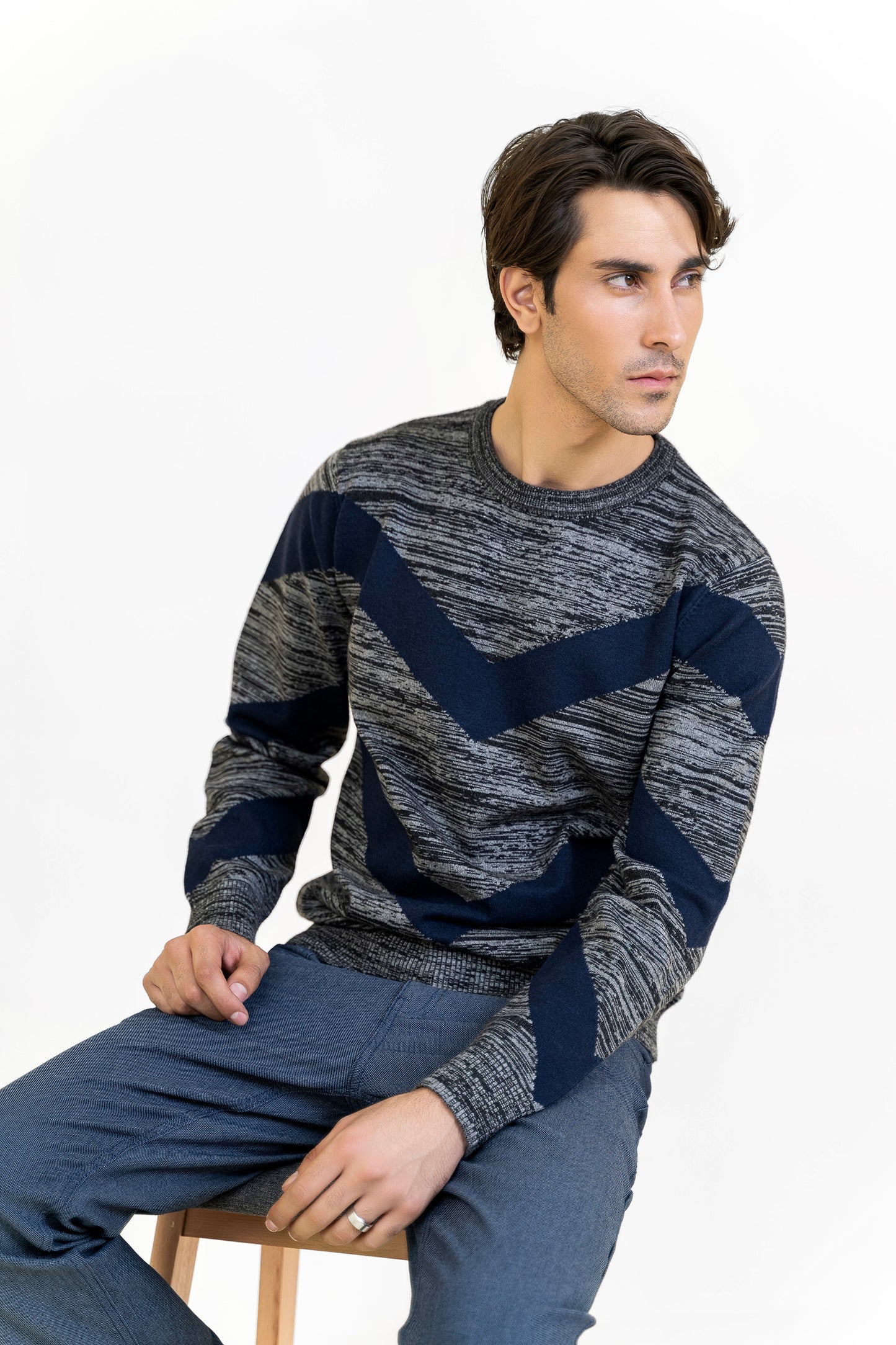 Gray and Navy Round Neck Sweater