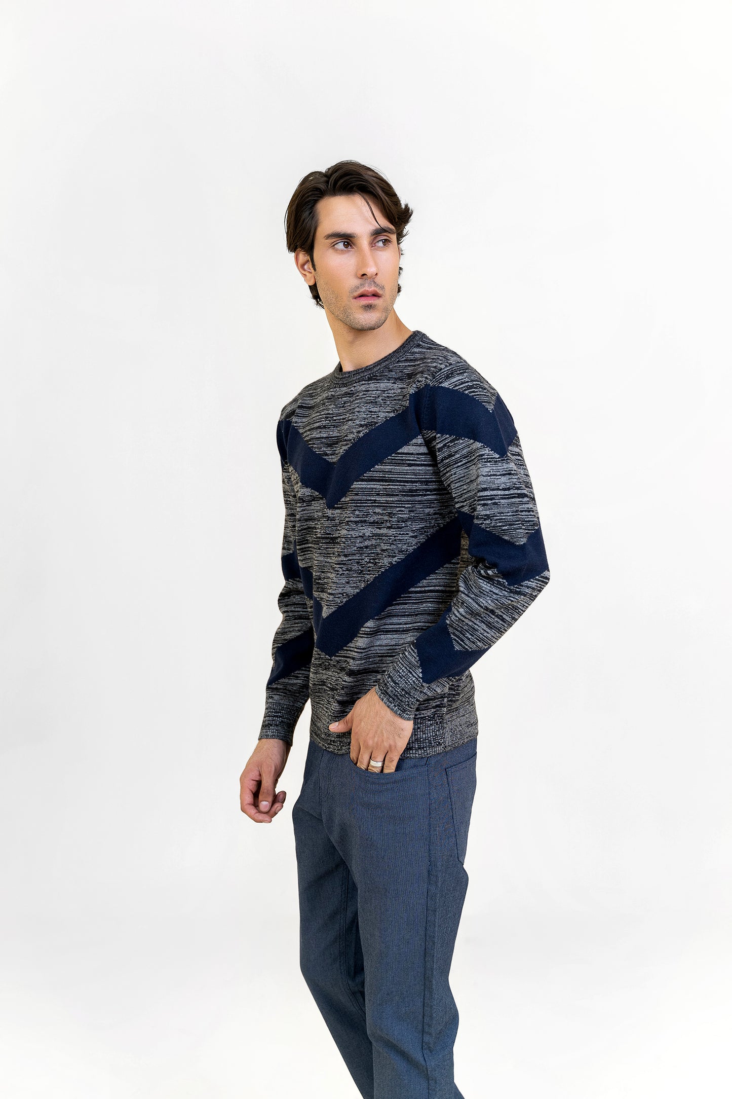 Gray and Navy Round Neck Sweater