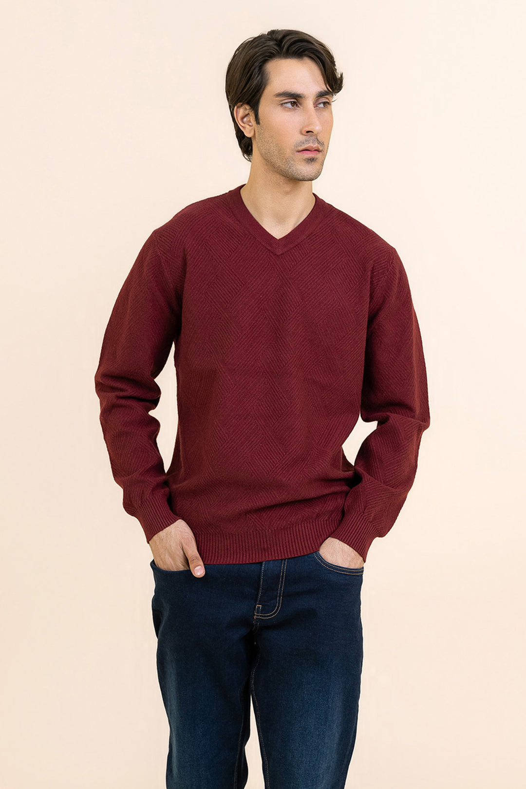 Deep Red Self Textured Sweater T203-T2