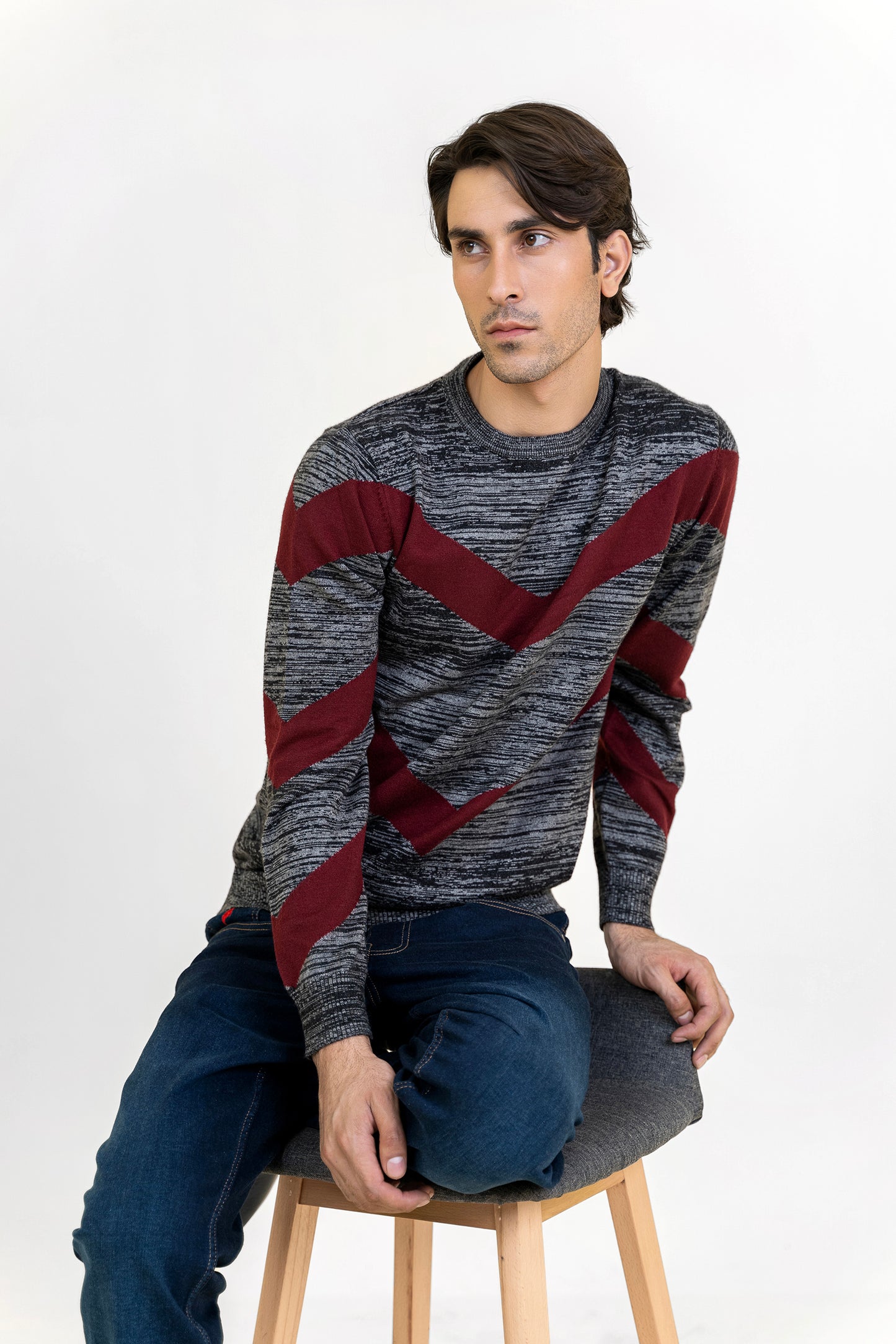 Gray and Maroon Round Neck Sweater
