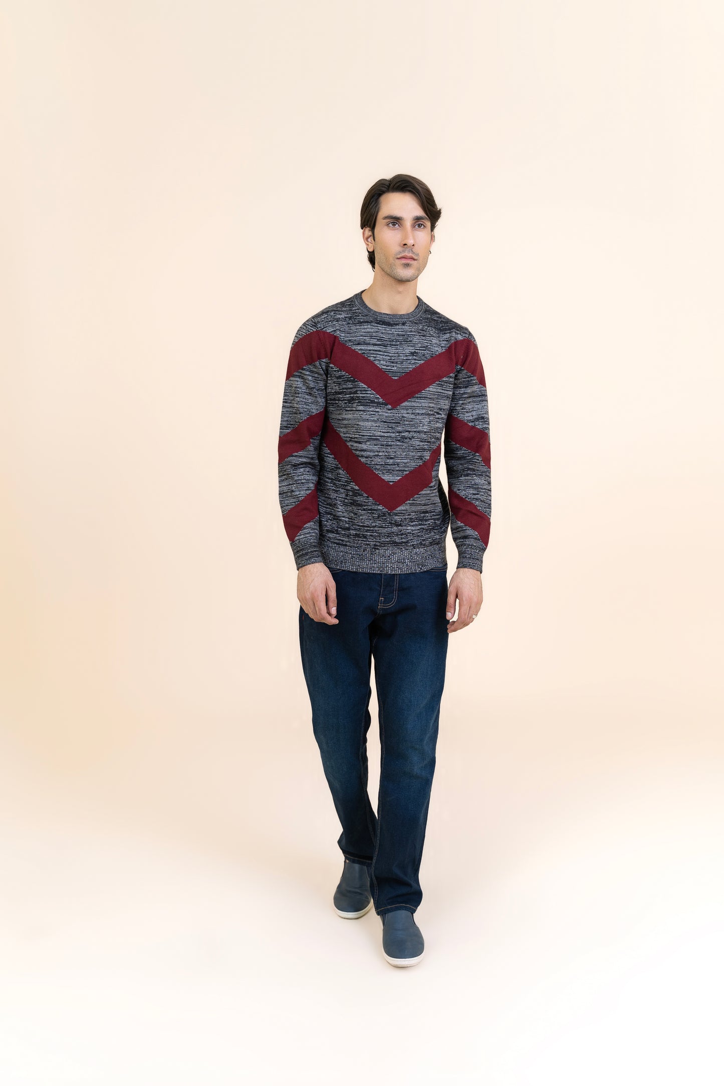 Melange Gray with Maroon Stripe Sweater T103-T1