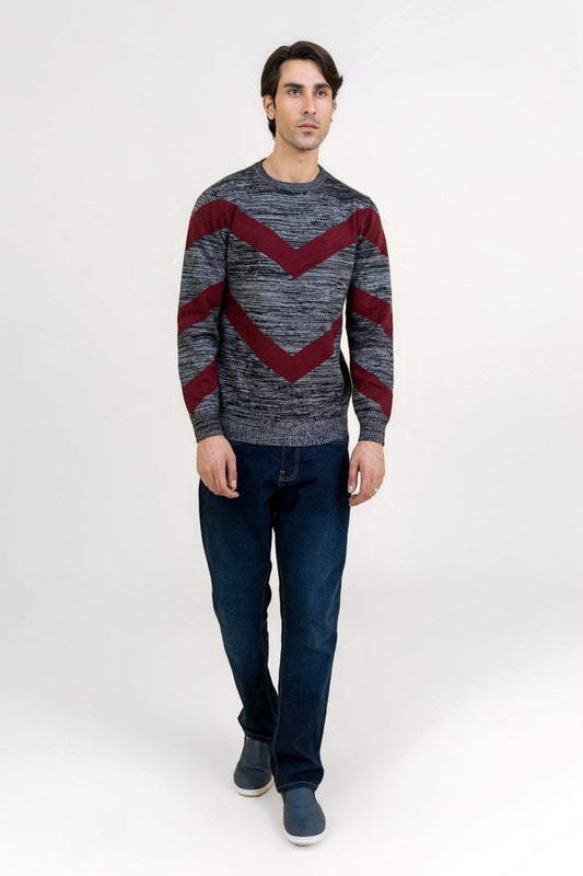 Gray and Maroon Round Neck Sweater