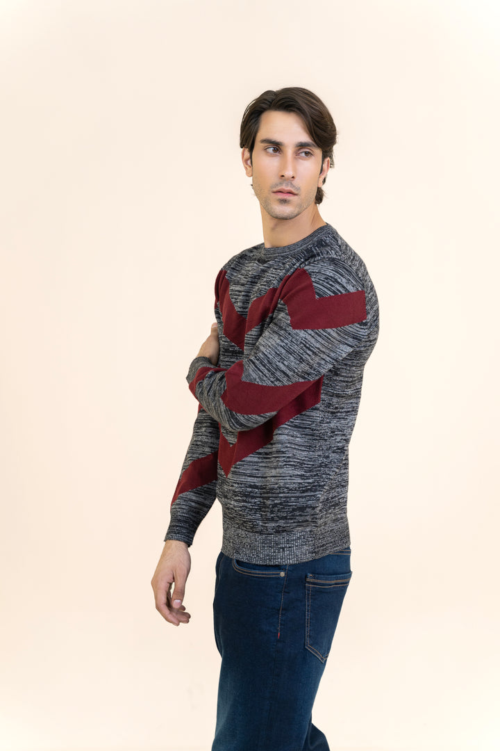 Melange Gray with Maroon Stripe Sweater T103-T1