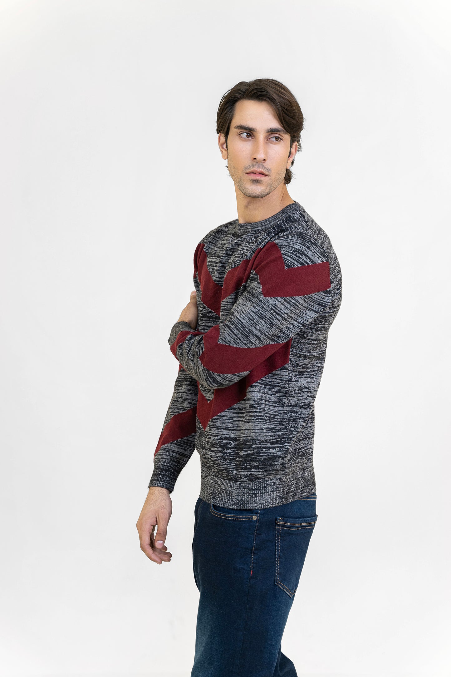 Gray and Maroon Round Neck Sweater