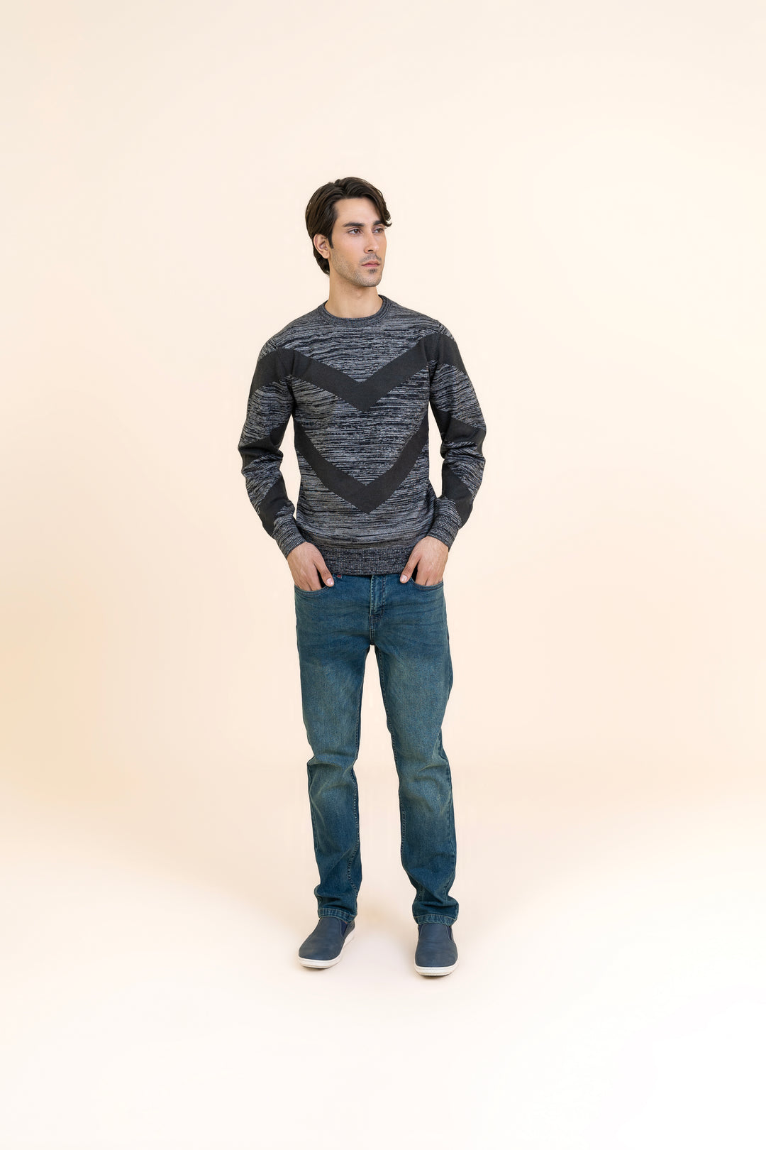 Melange Gray with Green Tripe Sweater T103-T1