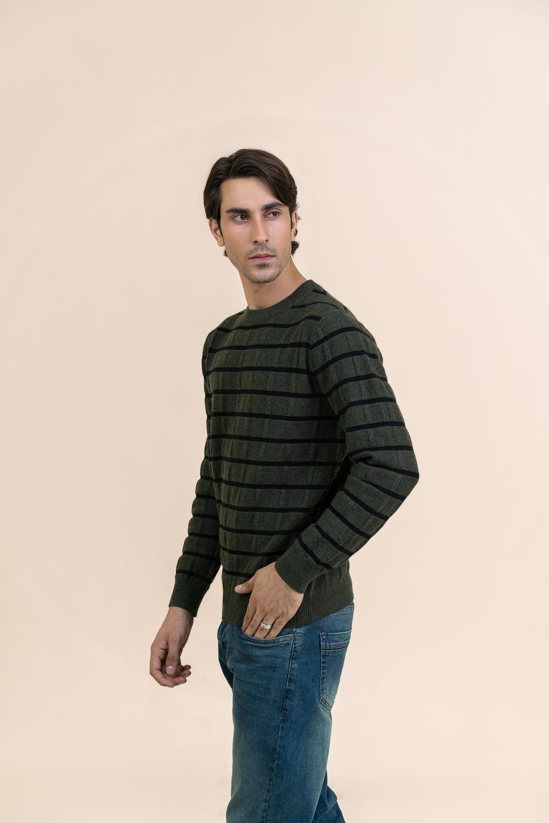 Green Self Textured Black Stripe Sweater T312-T3
