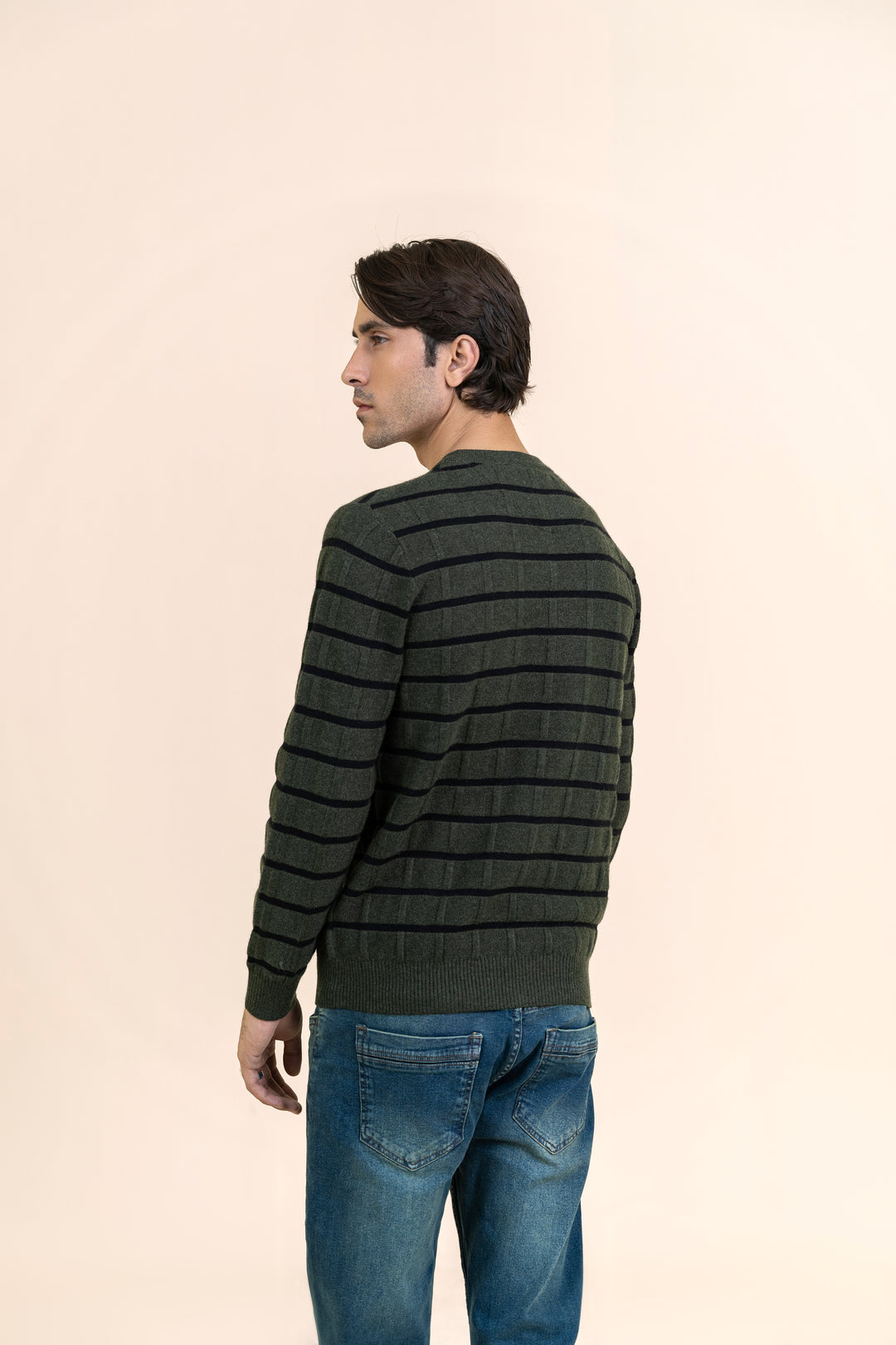 Green Self Textured Black Stripe Sweater T312-T3