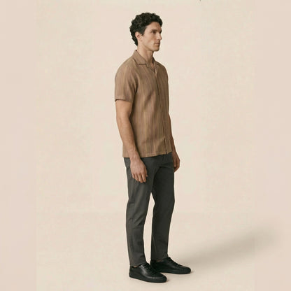 Khaki Cuban Collar Shirt - Yarn Dyed Hand Made Fabric