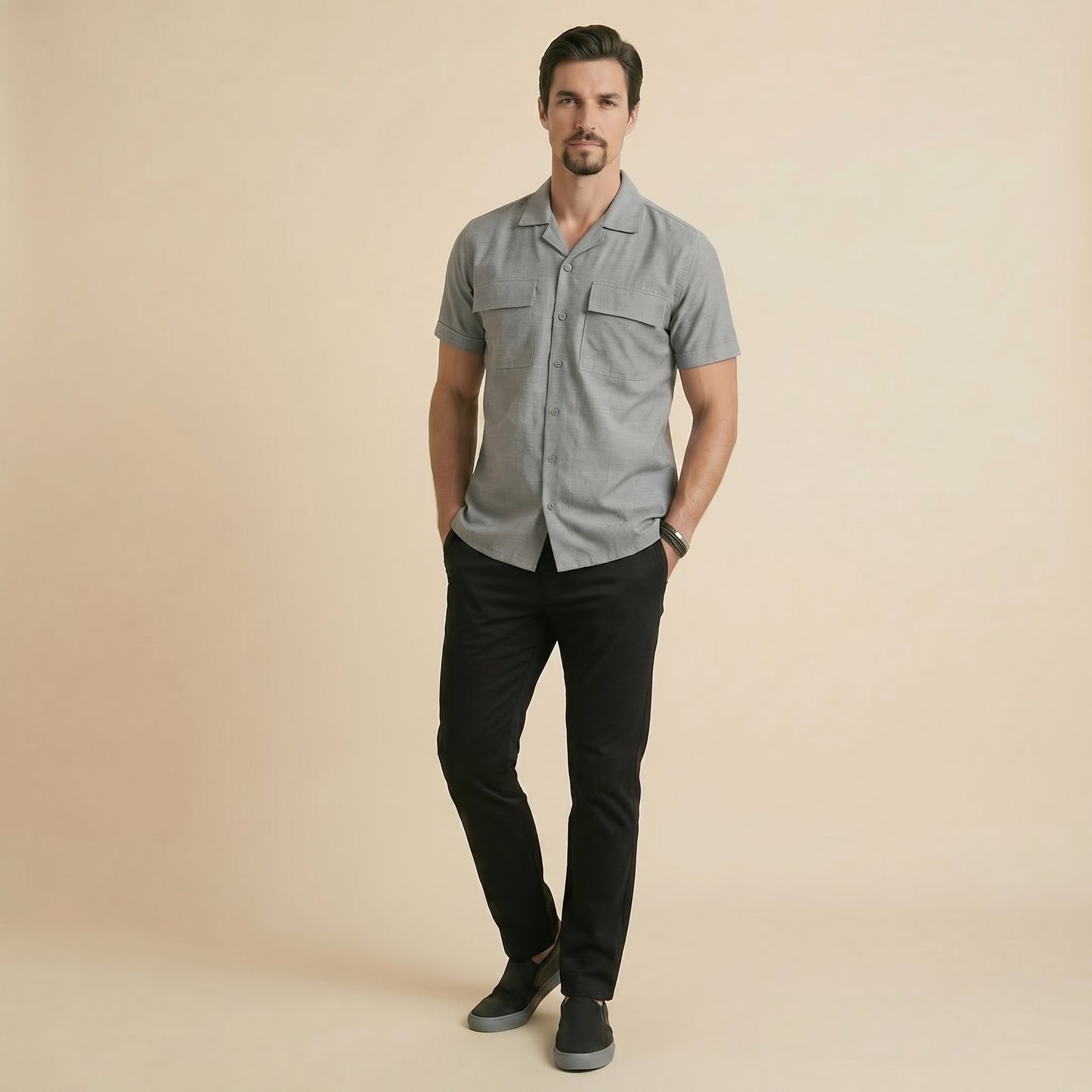 Gray Cuban Collar Shirt - Double Pocket
