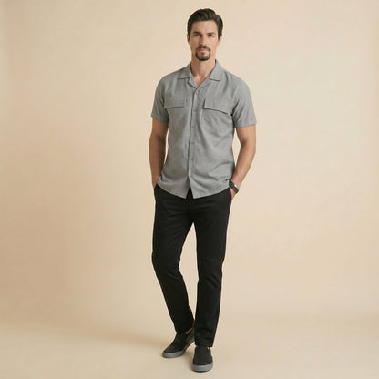 Gray Cuban Collar Shirt - Double Pocket