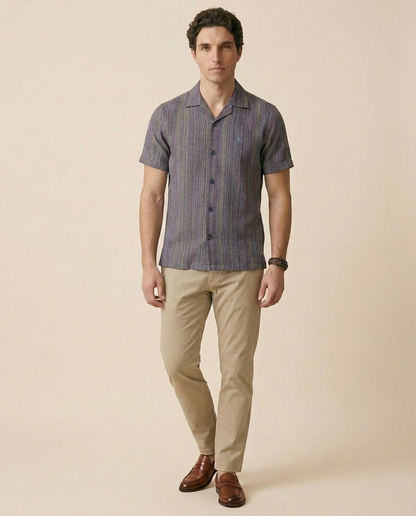 Navy - Purple Cuban Collar Shirt - Yarn Dyed Hand Made Fabric
