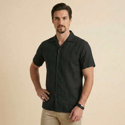 Black Cuban Collar Shirt - 100% Cotton Linen