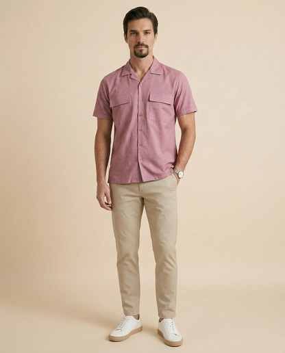 Pink Cuban Collar Shirt - Double Pocket