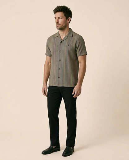 Green Cuban Collar Shirt - Yarn Dyed Hand Made Fabric
