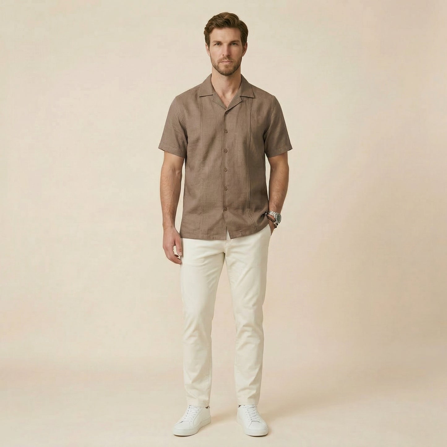 Cappuccino Cuban Collar Shirt - 100% Cotton Linen