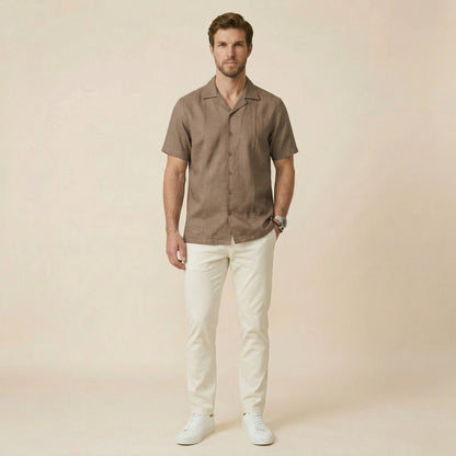 Cappuccino Cuban Collar Shirt - 100% Cotton Linen