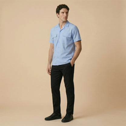 Sky Blue Cuban Collar Shirt - Double Pocket