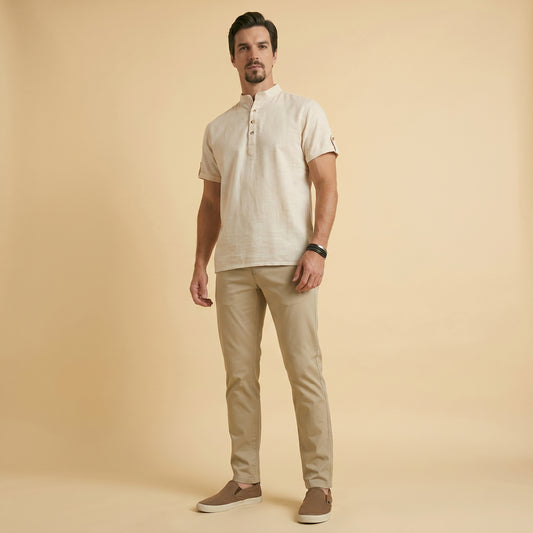 Off-White Henley Shirt - 100% Cotton Linen