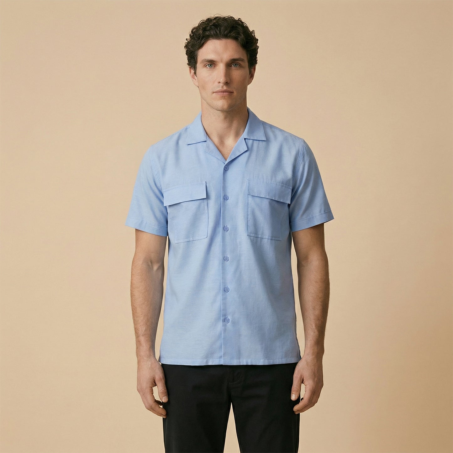 Sky Blue Cuban Collar Shirt - Double Pocket