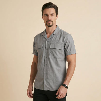Gray Cuban Collar Shirt - Double Pocket