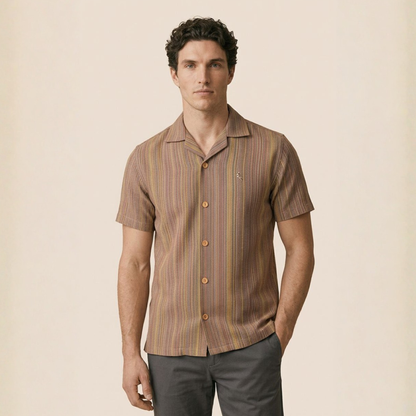 Khaki Cuban Collar Shirt - Yarn Dyed Hand Made Fabric