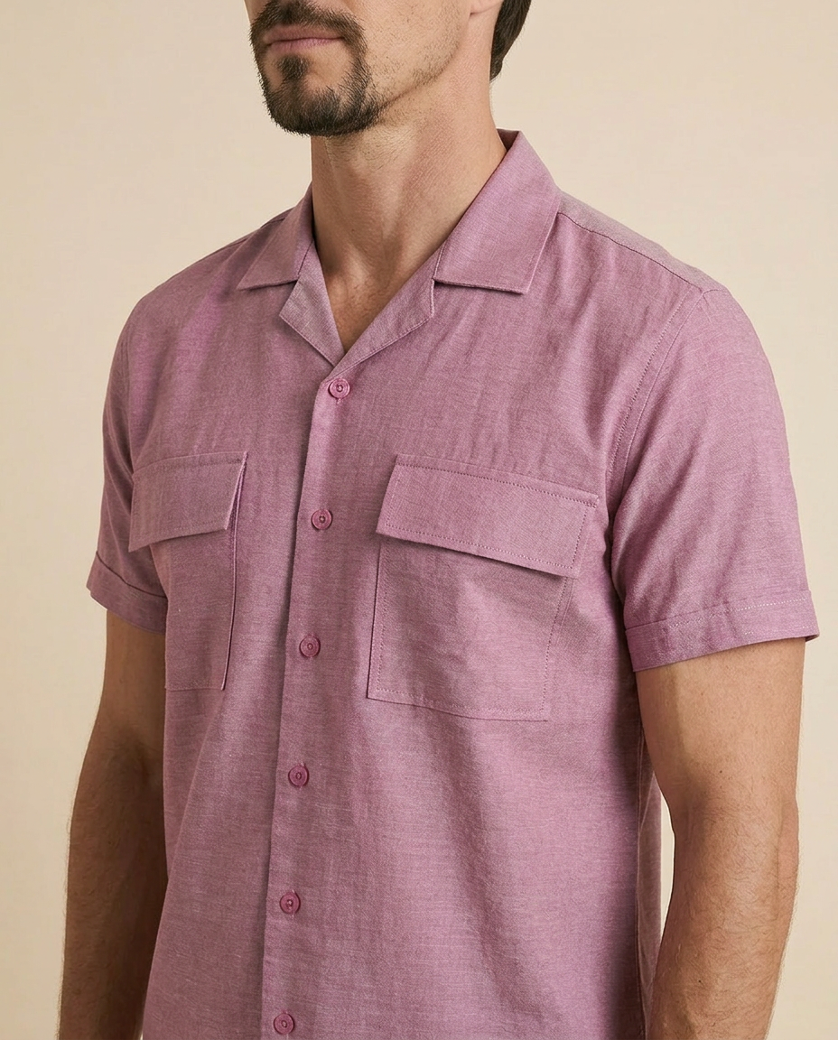 Pink Cuban Collar Shirt - Double Pocket