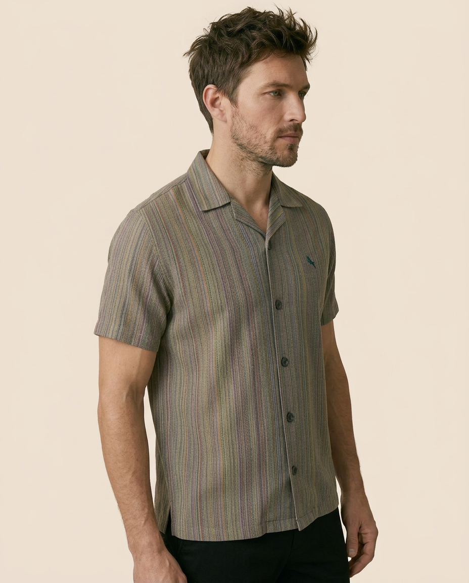 Green Cuban Collar Shirt - Yarn Dyed Hand Made Fabric