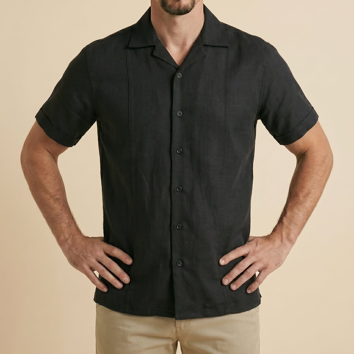 Black Cuban Collar Shirt - 100% Cotton Linen