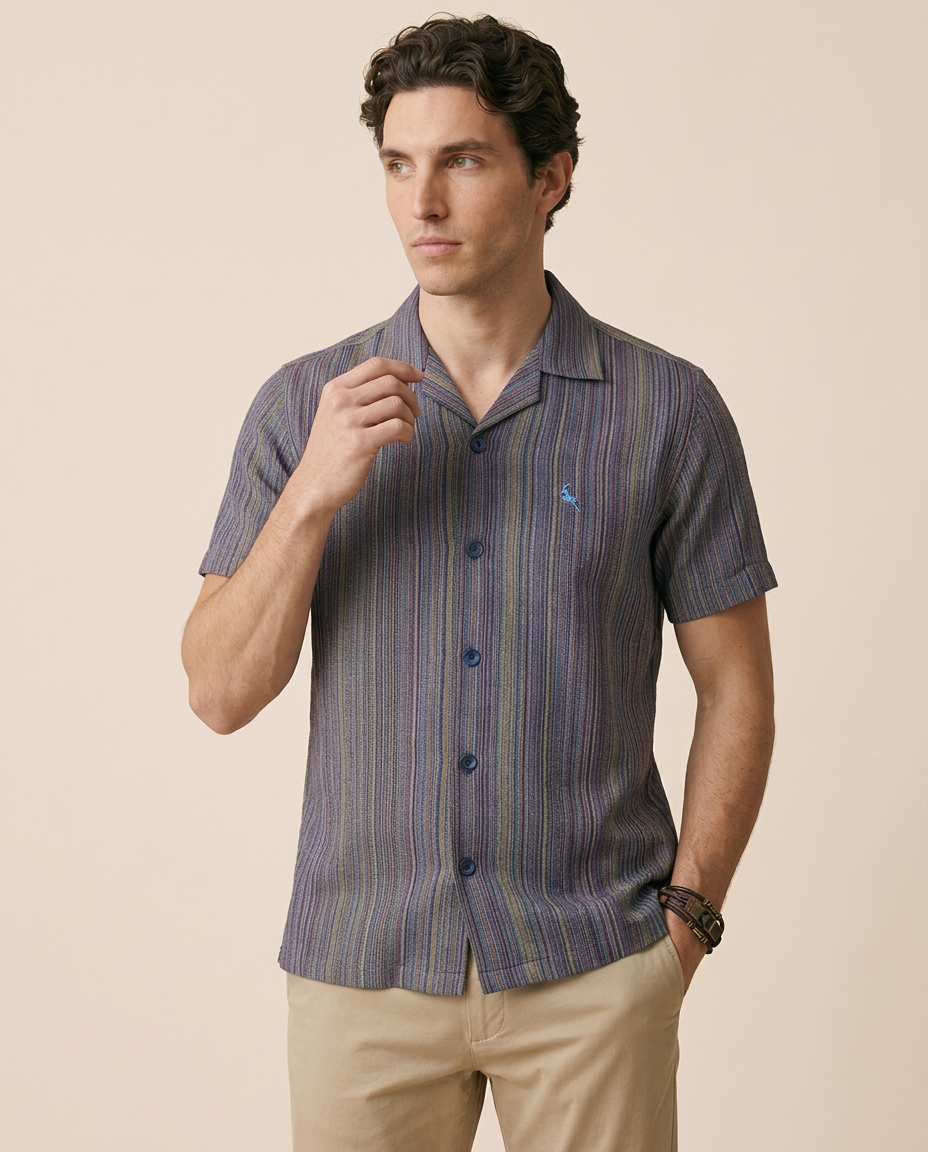Navy - Purple Cuban Collar Shirt - Yarn Dyed Hand Made Fabric