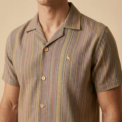 Khaki Cuban Collar Shirt - Yarn Dyed Hand Made Fabric