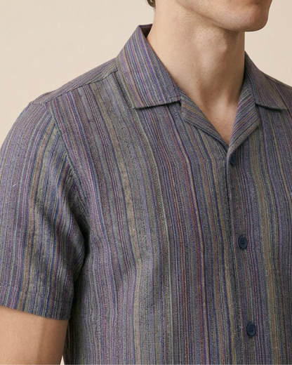 Navy - Purple Cuban Collar Shirt - Yarn Dyed Hand Made Fabric
