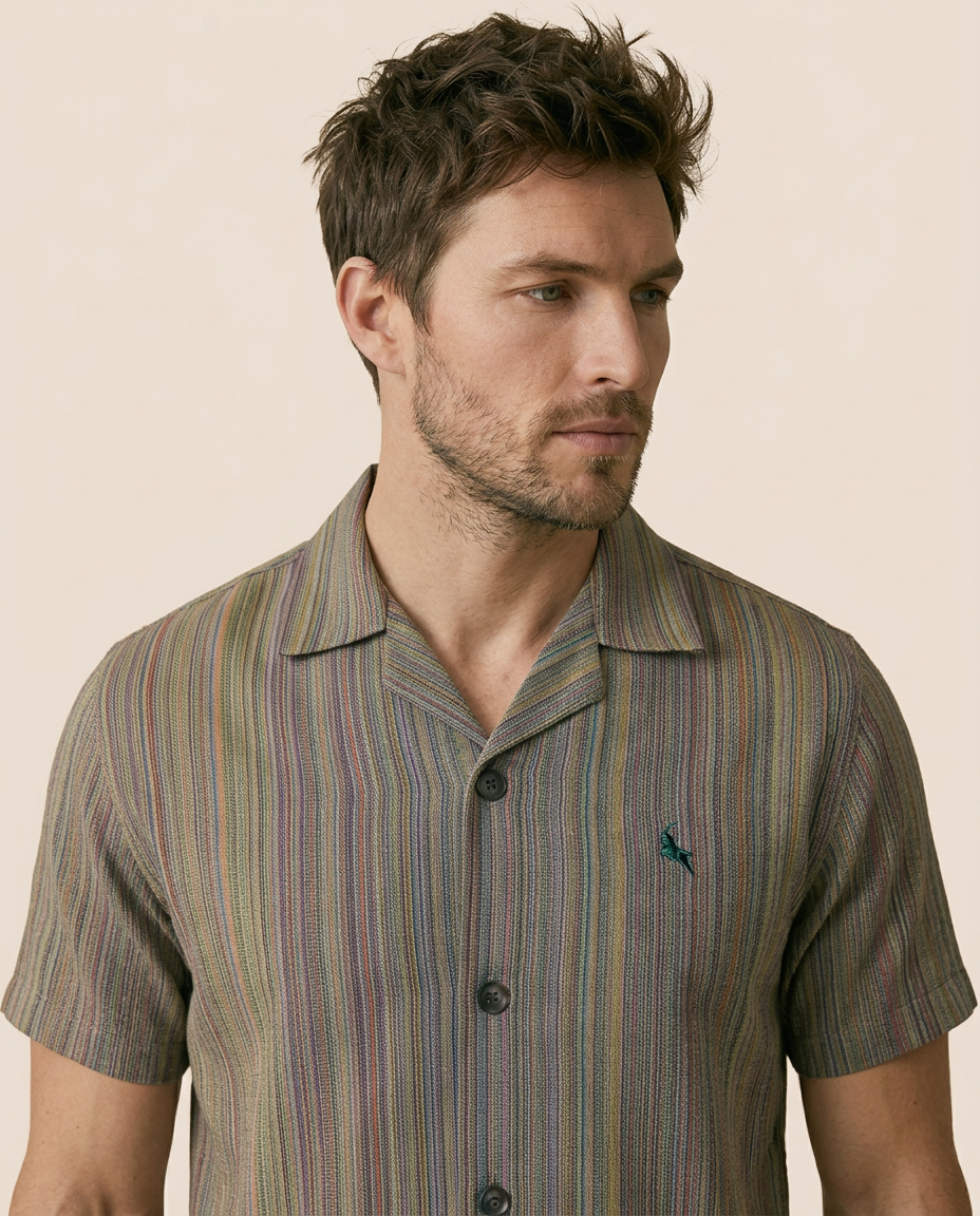 Green Cuban Collar Shirt - Yarn Dyed Hand Made Fabric