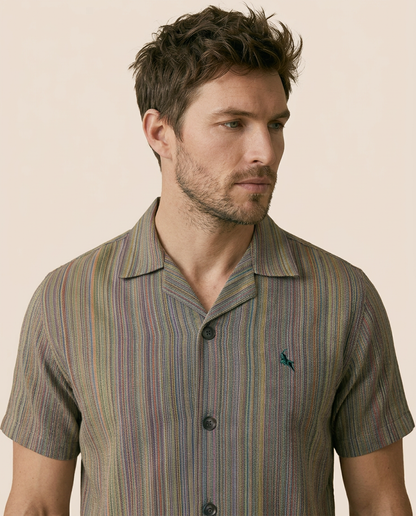 Green Cuban Collar Shirt - Yarn Dyed Hand Made Fabric