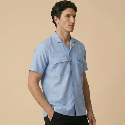 Sky Blue Cuban Collar Shirt - Double Pocket