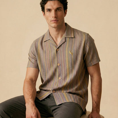 Khaki Cuban Collar Shirt - Yarn Dyed Hand Made Fabric