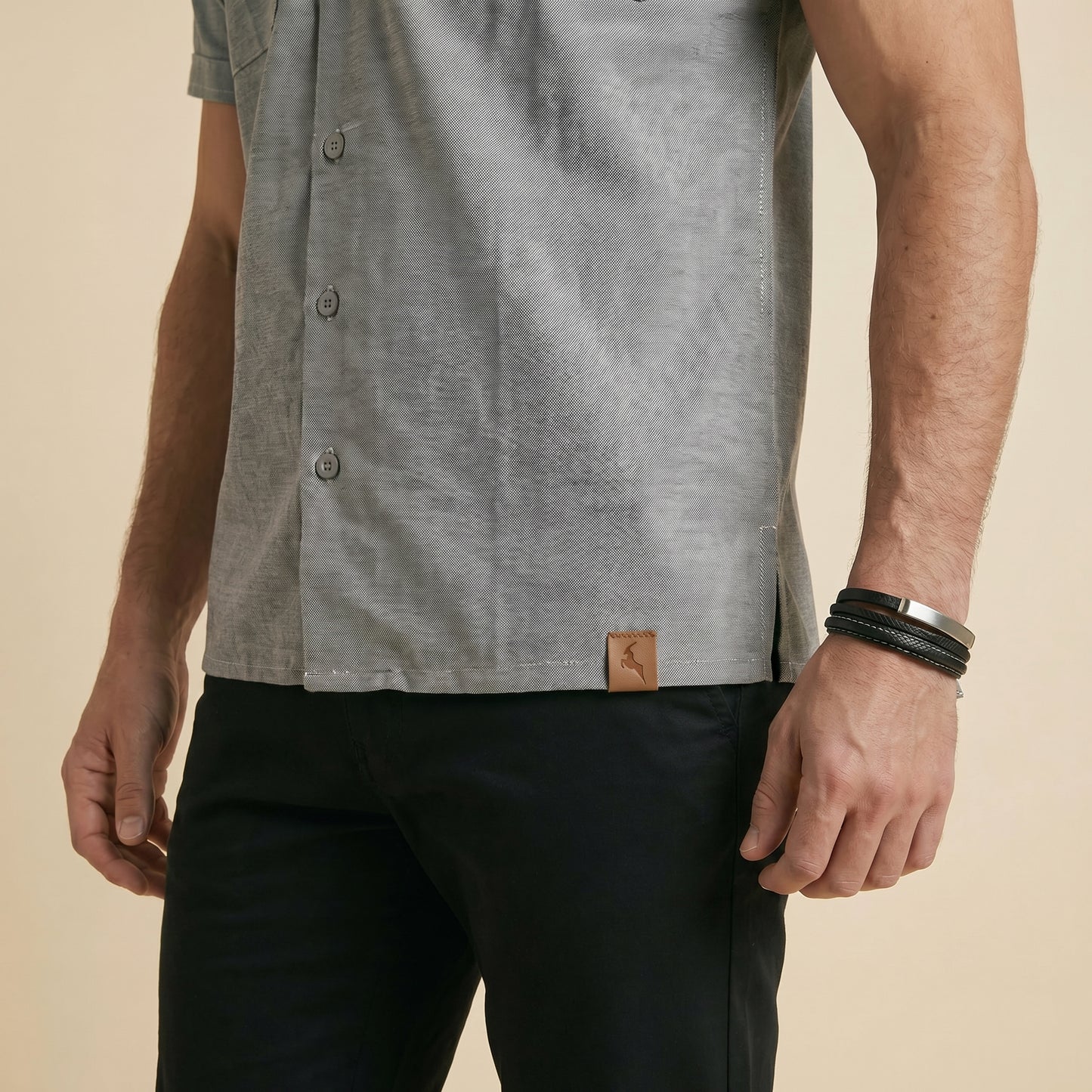 Gray Cuban Collar Shirt - Double Pocket