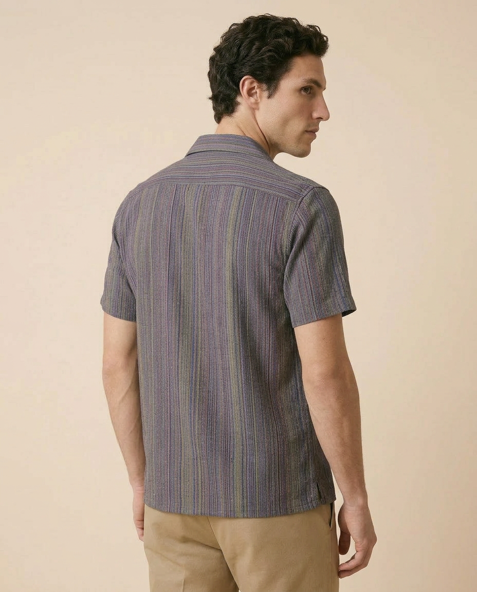 Navy - Purple Cuban Collar Shirt - Yarn Dyed Hand Made Fabric