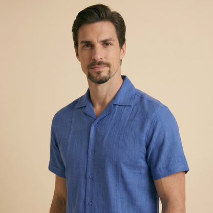 Royal Blue Cuban Collar Shirt - 100% Cotton Linen