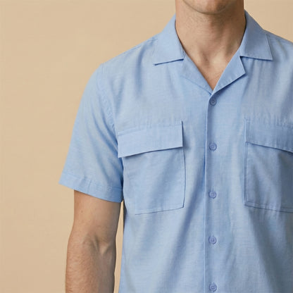 Sky Blue Cuban Collar Shirt - Double Pocket
