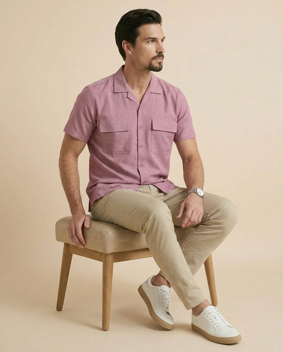 Pink Cuban Collar Shirt - Double Pocket